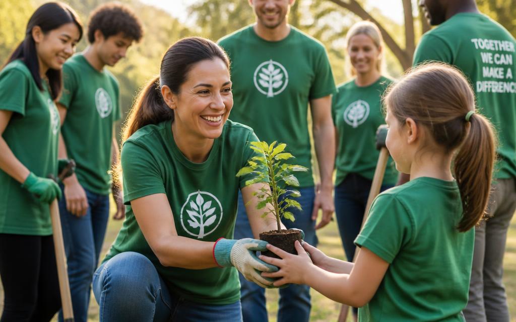 Bénévoles souriants plantant un arbuste avec un enfant dans un parc
