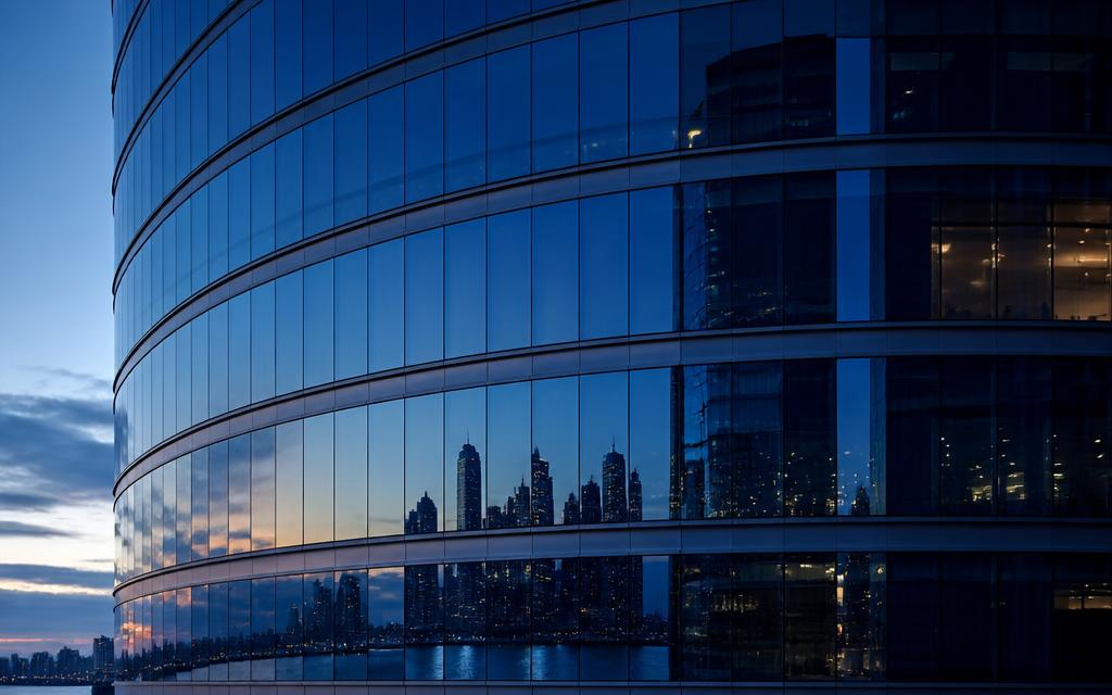 Façade vitrée d'un immeuble de bureaux reflétant la ville au crépuscule