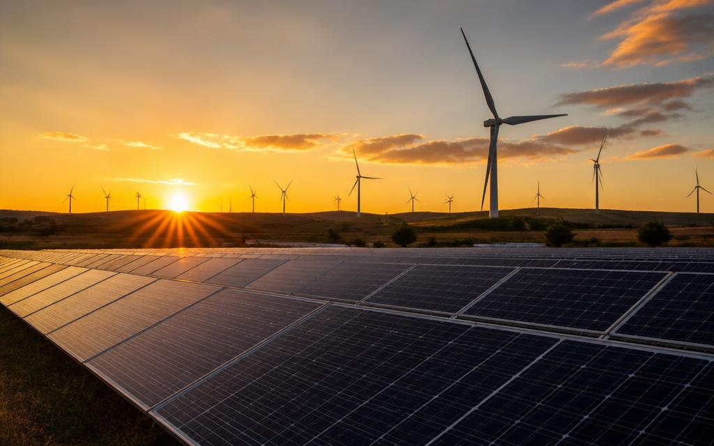 Panneaux solaires et éoliennes au coucher du soleil